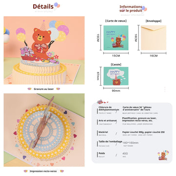 arte de voeux 15x15cm cartoon bear birthday cake three-dimensional paper sculpture gift blessing message postcard carte postale